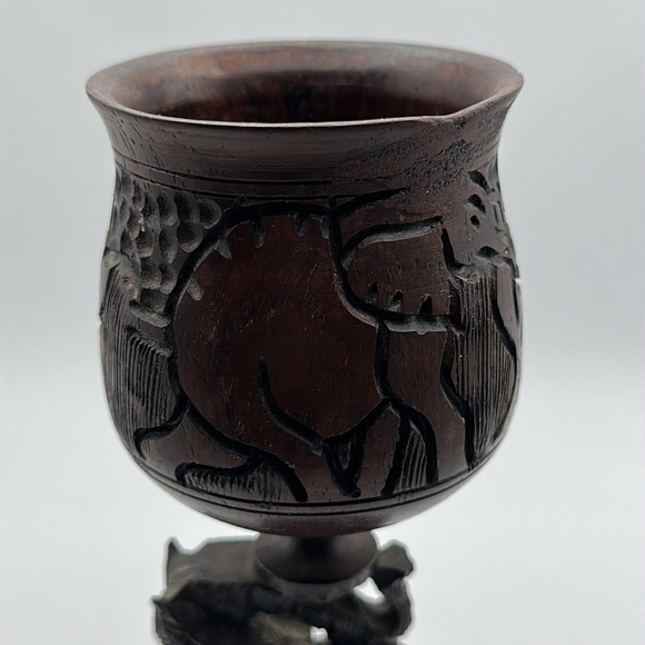 Vintage Hand Carved Ebony Wood Goblets Elephant Decoration Artisan African 2 Pcs - Picture 3 of 8